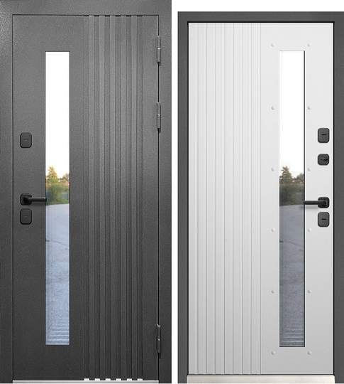 Входная дверь Феррони Luxor Termo Рейка Стеклопакет Муар 7024/Эмалит Белый